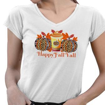 Latte Pumpkin Happy Fall Yall Women V-Neck T-Shirt