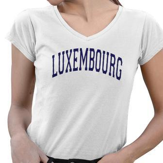 Luxembourg Varsity Style Navy Blue Text Women V-Neck T-Shirt | Mazezy