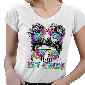 Messy Bun Hair Tie Dye Rainbow Kids Girls Hello First Grade Women V-Neck T-Shirt - Seseable