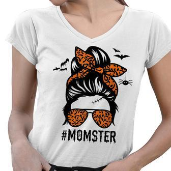 Mom Messy Bun Halloween Leopard Womens Momster Funny Spooky Women V-Neck T-Shirt - Seseable