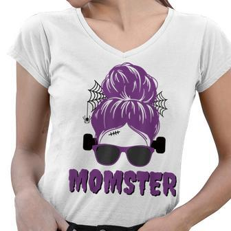 Momster Frankenstein Messy Bun Funny Mom Halloween Costume Women V-Neck T-Shirt - Seseable