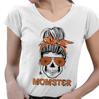 Momster Halloween Costume Skull Mom Messy Hair Bun Women V-Neck T-Shirt - Seseable