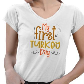 My First Turkey Day Fall Women V-Neck T-Shirt - Seseable