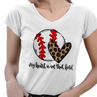 My Heart Is On That Field Baseball Leopard Heart Women V-Neck T-Shirt - Thegiftio UK