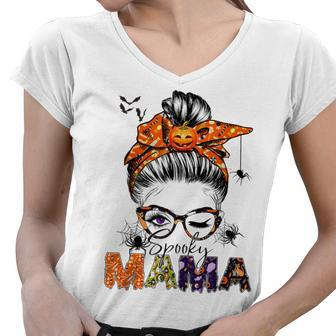 One Spooky Mama For Halloween Messy Bun Mom Monster Bleached V2 Women V-Neck T-Shirt - Seseable