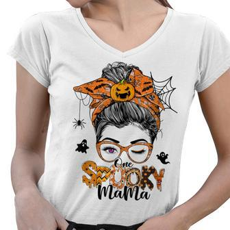 One Spooky Mama For Halloween Messy Bun Mom Monster Bleached V3 Women V-Neck T-Shirt - Seseable
