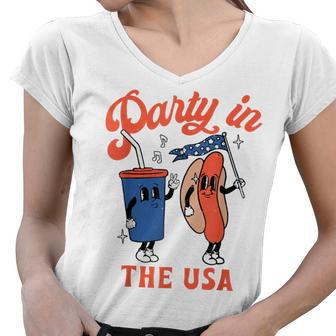 Party In The Usa Hot Dog Kids Funny Fourth Of July Women V-Neck T-Shirt - Seseable