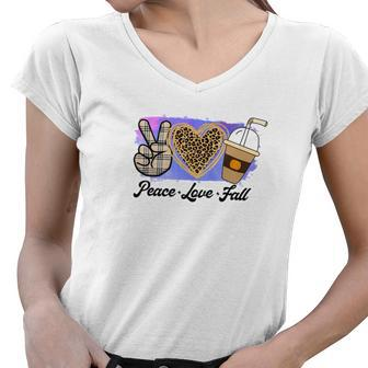 Peace Love Fall Latte Leopard Heart Women V-Neck T-Shirt - Seseable