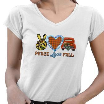 Peace Love Fall Truck Sunflower Heart Women V-Neck T-Shirt - Seseable