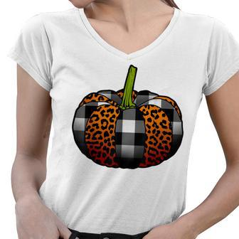 Plaid Pumpkin Leopard Buffalo Check Pumpkin Fall Halloween Women V-Neck T-Shirt - Seseable