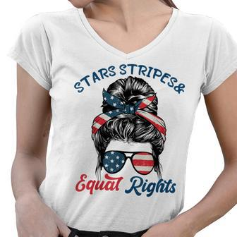 Pro Choice Feminist Stars Stripes Equal Rights Messy Bun Women V-Neck T-Shirt - Seseable