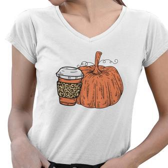 Pumkin Coffee Cozy Fall Hobby Women V-Neck T-Shirt - Seseable