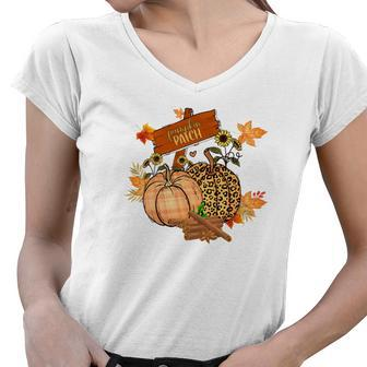 Pumpkin Patch Leopard Plaid Fall Women V-Neck T-Shirt | Seseable CA