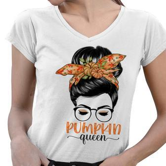 Pumpkin Queen Pumpkin Messy Bun Fall Autumn Thanksgiving Women V-Neck T-Shirt - Thegiftio UK