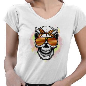 Pumpkin Skull Cool Sunglasses Fall Vibes Women V-Neck T-Shirt - Seseable