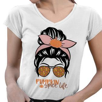 Pumpkin Spice Life Messy Bun Girl Fall Women V-Neck T-Shirt - Seseable