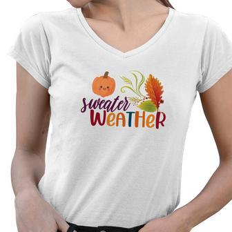 Pumpkin Sweater Weather Fall Women V-Neck T-Shirt - Seseable