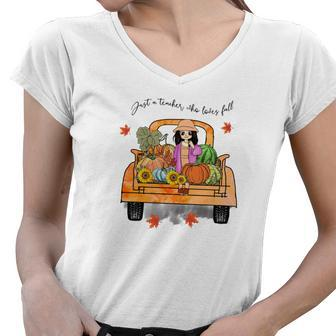 Pumpkin Truck Just A Teacher Who Loves Fall Women V-Neck T-Shirt - Seseable