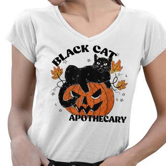 Retro Black Cat Apothecary And Pumpkin Halloween Vintage Women V-Neck T-Shirt - Seseable
