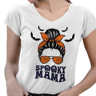 Retro Halloween Spooky Mama Messy Bun Funny Costume For Mom Women V-Neck T-Shirt - Seseable