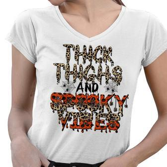 Retro Leopard Thick Thighs And Spooky Vibes Funny Halloween Women V-Neck T-Shirt - Seseable