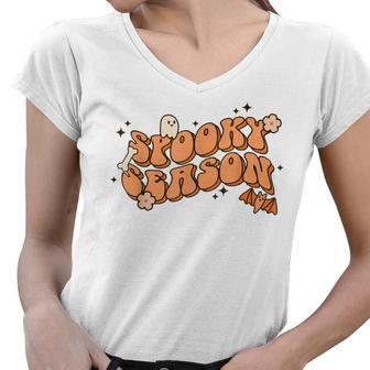Retro Spooky Season Boo Ghost Floral Spooky Vibes Halloween Women V-Neck T-Shirt - Seseable