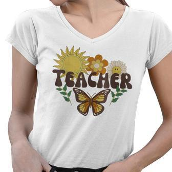 Retro Sunshine Teacher Flower Butterfly Women V-Neck T-Shirt - Thegiftio UK