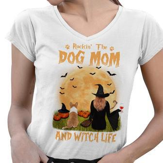 Rocking The Dog Mom And Witch Life Corgi Halloween Sweatshirt Women V-Neck T-Shirt - Thegiftio UK