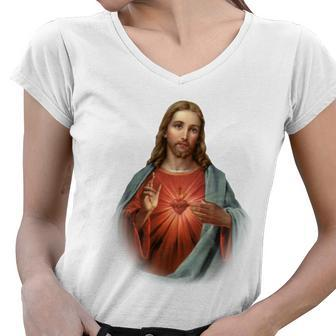 Sacred Heart Of Jesus Tshirt Women V-Neck T-Shirt - Monsterry