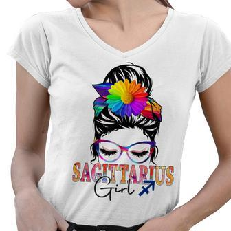 Sagittarius Girl Birthday Messy Bun Hair Colorful Floral Women V-Neck T-Shirt - Seseable