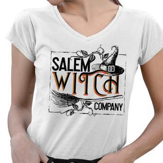 Salem Witch Hat Company Broom Candy Bag Pumpkin Halloween Women V-Neck T-Shirt - Thegiftio UK