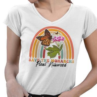 Save The Monarchs Plant More Milkweed Flower Retro Butterfly Women V-Neck T-Shirt - Thegiftio UK