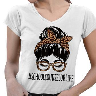 School Counselor Leopard Messy Bun Women Back To School Women V-Neck T-Shirt - Thegiftio UK