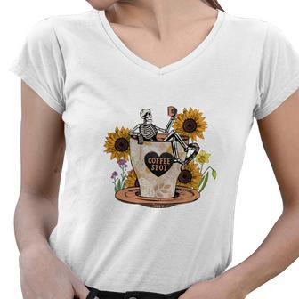 Skeleton And Plants Coffee And Spot Skeleton Drink Coffee Women V-Neck T-Shirt - Seseable