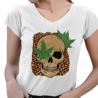 Skeleton And Plants Skull And Leaf Design Women V-Neck T-Shirt - Seseable