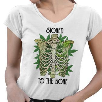 Skeleton And Plants Stoned To The Bone Women V-Neck T-Shirt - Seseable