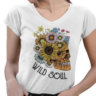 Skeleton And Plants Wild Soul Daisy Flower Women V-Neck T-Shirt - Seseable