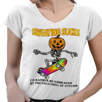 Skeleton Pumpkin Sweating Sucks Sweat Halloween Sakebording Women V-Neck T-Shirt - Seseable