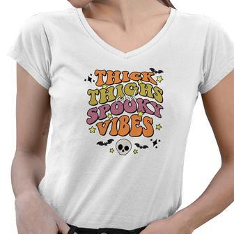 Skull Groovy Thick Thights And Spooky Vibes Leopard Halloween Women V-Neck T-Shirt - Seseable