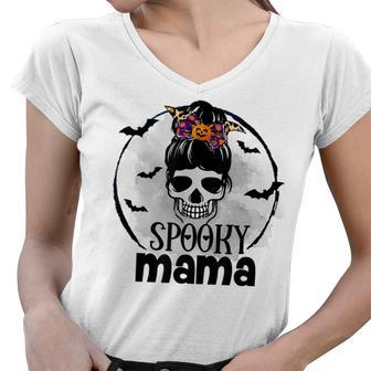 Spooky Mama Funny Halloween Mom Messy Bun Spooky Vibes Women V-Neck T-Shirt - Seseable