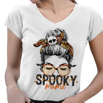 Spooky Mama Halloween Costume Skull Mom Leopard Messy Bun Women V-Neck T-Shirt - Seseable