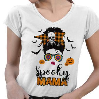Spooky Mama Messy Bun For Halloween Messy Bun Mom Monster  V2 Women V-Neck T-Shirt
