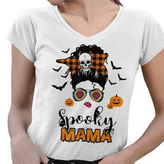 Spooky Mama Messy Bun For Halloween Messy Bun Mom Monster Women V-Neck T-Shirt - Seseable