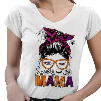 Spooky Mama Messy Bun Mom Life Halloween Costume Women V-Neck T-Shirt - Seseable