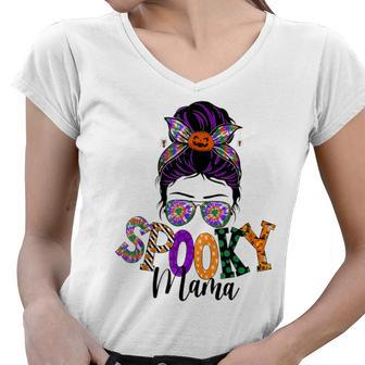 Spooky Mama Messy Bun Skull Mom Monster Bleached Halloween Women V-Neck T-Shirt - Seseable