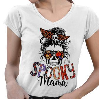 Spooky Mama Skull Halloween Womens Messy Bun Witch Women V-Neck T-Shirt - Seseable