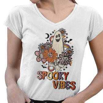 Spooky Vibes Rainbow Boo Pumpkin Flower Autumn Halloween Day Women V-Neck T-Shirt - Seseable