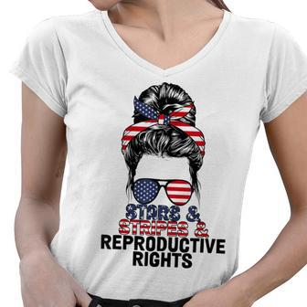 Stars Stripes Reproductive Rights Messy Bun 4Th Of July V4 Women V-Neck T-Shirt - Seseable