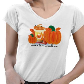 Sweater Weather Pumpkin Pie Fall Season Women V-Neck T-Shirt - Seseable