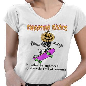 Sweating Sucks Skeleton Pumpkin Head Halloween Women V-Neck T-Shirt - Seseable